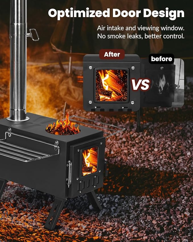 Upgraded Portable Wood Stove for Camping, YRenZ Compact Tent Stove with Large Firebox, High Airtightness for Outdoor Cooking & Heating