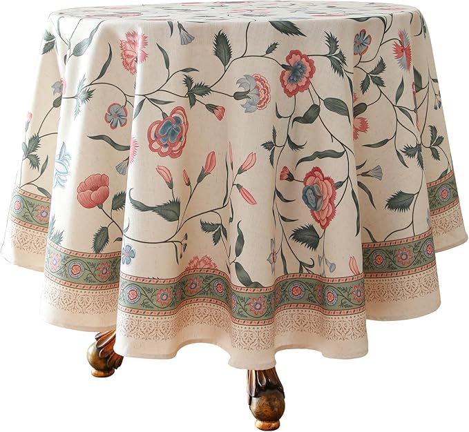 ISAENNE Designer Chinoiserie Linen Floral Small Round Tablecloth,White Wrinkle Resistant Table Cloth,Elegant Decor Tablecloths for Dining Thanksgiving Kitchen Christmas,Diameter 55"-Daffy