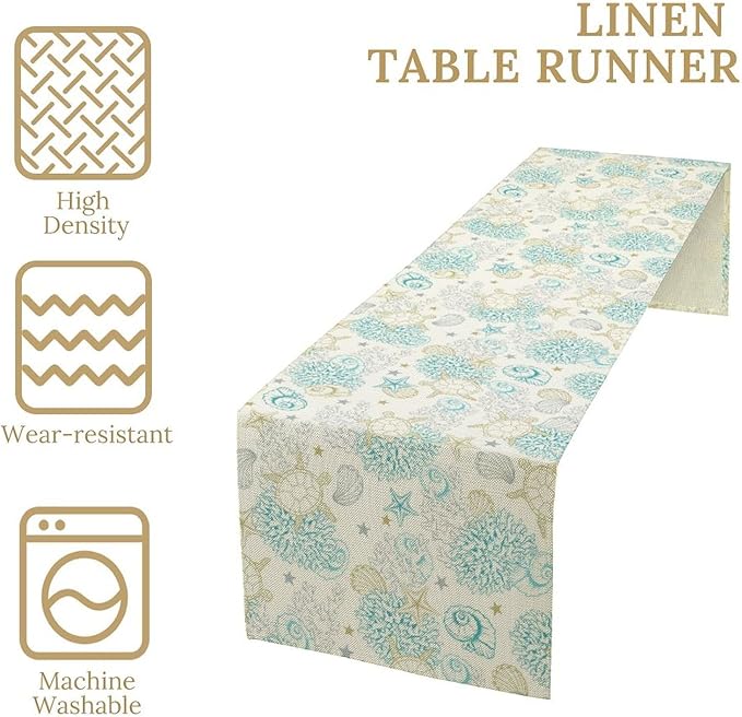 Ocean Coastal Table Runner, Nautical Summer Beach Coral Sea Turtle Table Runner for Kitchen Coffee Dining Bedroom Living Room Dinner 13x36in
