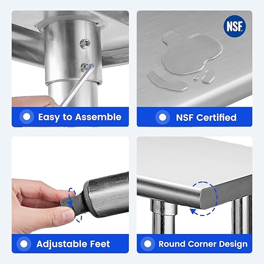 Hally Stainless Steel Table for Prep & Work 18 x 30 Inches, NSF Commercial Heavy Duty Table with Undershelf and Galvanized Legs for Restaurant, Home and Hotel