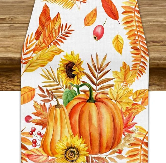 Fall Pumpkin Table Runner, Rustic Autumn Harvest Thanksgiving Sunflower Leaves Table Runner for Kitchen Dining Table Decoration Party Holiday, 13x36inch