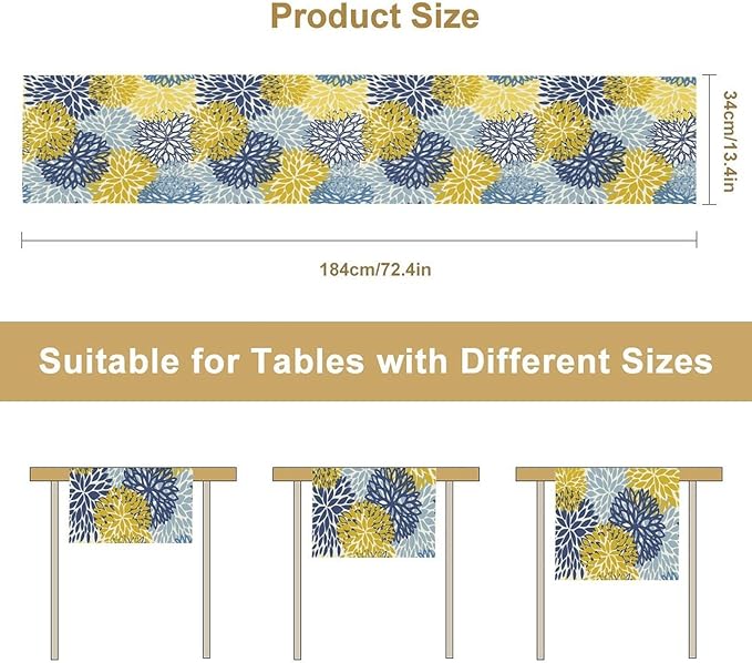 Dahlia Flower Table Runner,Blue Yellow Floral Print Table Runner for Kitchen Dining Table Dinner Holiday Home Party Indoor Outdoor Decor 13x36in