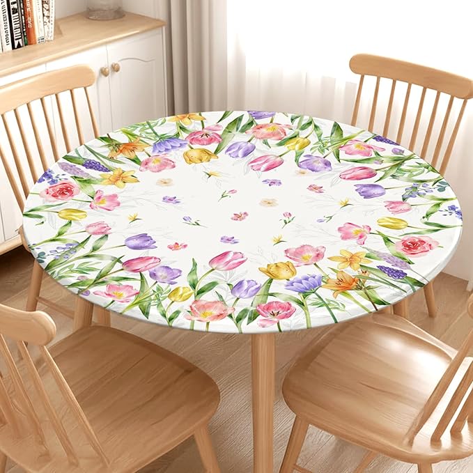 Spring Summer Easter Round Fitted Tablecloth with Elastic Edge Tulip Lavender Floral Circle Table Cloth for 40-44" Tables Wipeable Waterproof Farmhouse Flowers Table Cover for Picnic Dining Outdoor