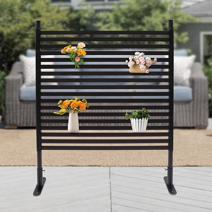 Outdoor Freestanding Privacy Screens, 35.4" W x 47" H Metal Slatted Decorative Panels with Stand, Brown Backyard Privacy Panels for Garden Patio