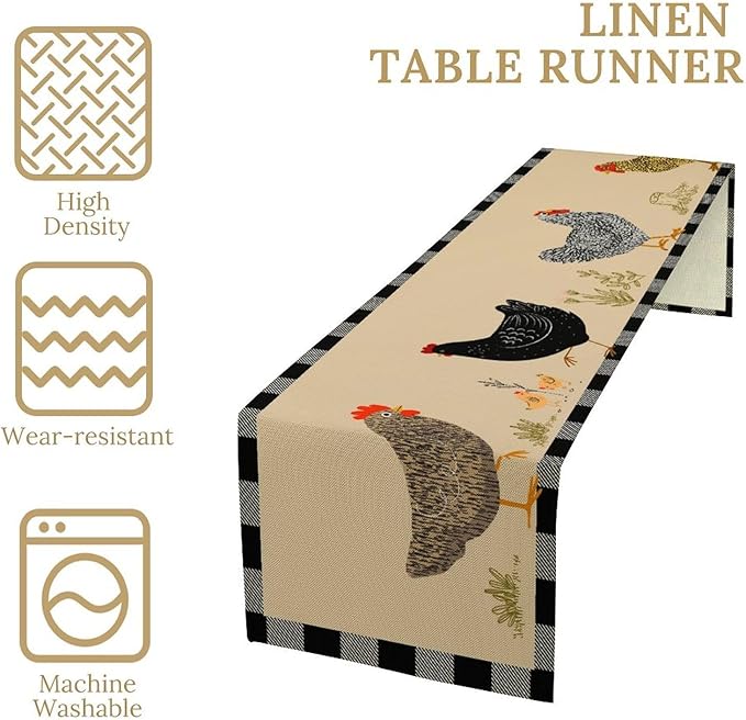 Farmhouse Roosters Chickens Table Runners, Black White Buffalo Plaid Vintage Rustic Animal Table Runner for Wedding Coffee Dining Table Party Home 13x90in