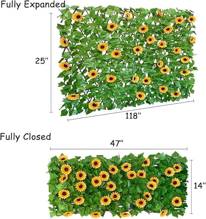 Expandable Fence Privacy Screen for Balcony Patio Outdoor,Decorative Faux Ivy Fencing Panel,Artificial Hedges (Single Sided Leaves) (4, Sunflowers)