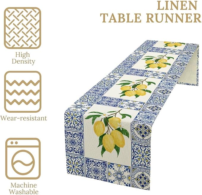 Yellow Lemon Table Runner, Blue Tiles Summer Holiday Tasty Fruit Healthy Fruit Vintage Watercolor Rustic Botanic Table Cover for Party Picnic Dining Room Kitchen, 13x90inch