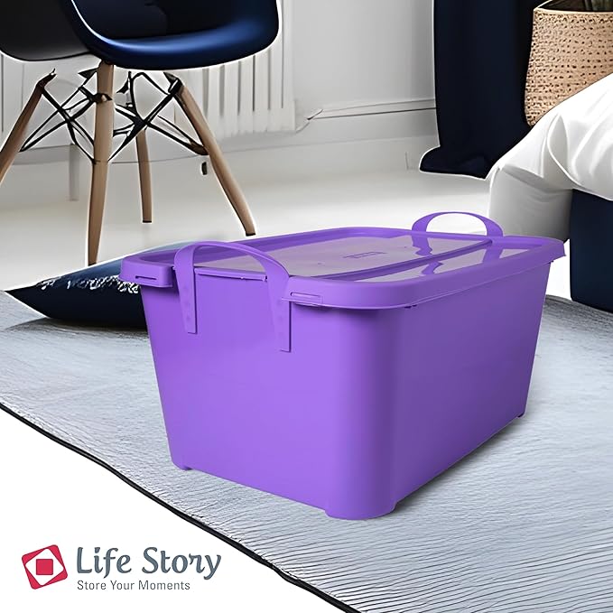 Life Story 12 Pack Light Duty Stackable Storage Bin, 55 Quart Home Organizer, Versatile Lightweight Locking Bins with Carrying Handles, Purple