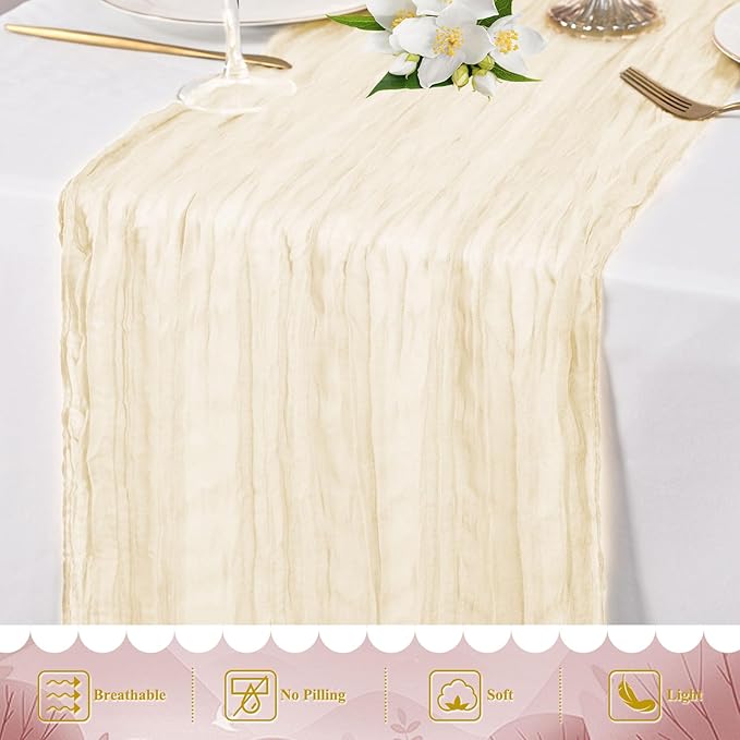20 Packs Cheesecloth Table Runner 10FT Long Boho Gauze Fabric Table Runner Vintage Rustic Sheer Runners for Wedding Party Bridal Baby Shower Table Decorations (Ivory )