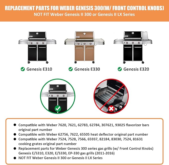 Grill Parts for Weber Genesis Parts Replacement, Fits Weber Genesis 300 Series with Front Control Knobs, for Weber Flavorizer Bars 7620 7621, Grate 7524 7528, Fits Weber Heat Deflector 7622 62756