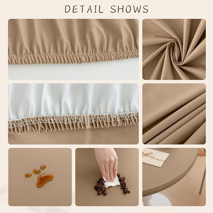 Round Fitted PU Tablecloth with High Elastic Edge 39 Inch Dia Waterproof Oil Proof Table Cloth Anti-scald Stain-Resistant Wipeable Table Cover for Indoor Outdoor Picnic (Cream Coffee,39"Dia)