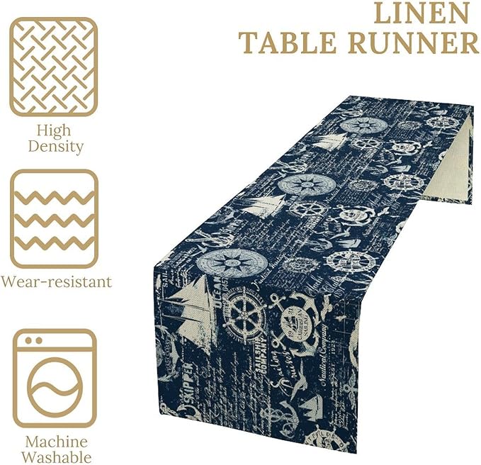 Marine Ship Table Runner, Nautical Pattern Seasonal Farmhouse Sea Rustic Kitchen Dining Table Decoration for Holiday Home Party Festival 13x70in