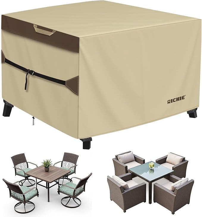 Outdoor Patio Furniture Cover - Heavy Duty Waterproof 600D Tough Canvas Protector for Square Table Cover, All-Season Dining Table and Chair Cover (106L x 106W x 28H Inch)