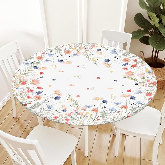 Spring Summer Floral Round Fitted Tablecloth with Elastic Watercolor Farmhouse Wildflower Circle Table Cloth for 48-52" Tables Wipeable Waterproof Easter Flower Table Cover for Picnic Dining Outdoor