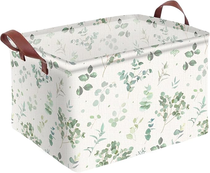 Sage Green Storage Basket Waterproof Canvas Toy Storage Bin Home Decor Collapsible Outdoor Basket with Leather Handles Sage Green Blanket Baskets For Closets,Bedrooms,Gifts Baskets