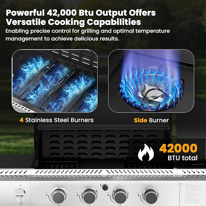 G41 Gas Grill,4-Burner Gas BBQ Grill with Side Burner, Porcelain-Enameled Grills, 42,000 BTU Stainless Steel Propane Grill for Outdoor Cooking and Patio Barbecues