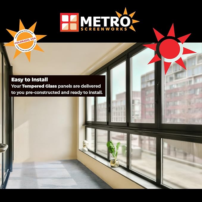 Metro Screenworks Framed Tempered Glass Panel for Porch & Patio Panels, Outdoor Enclosures, (24-1/2" x 6-1/4", Bronze) Enclose Your Porch with Tempered Glass Panels - Glass Panel Replacement