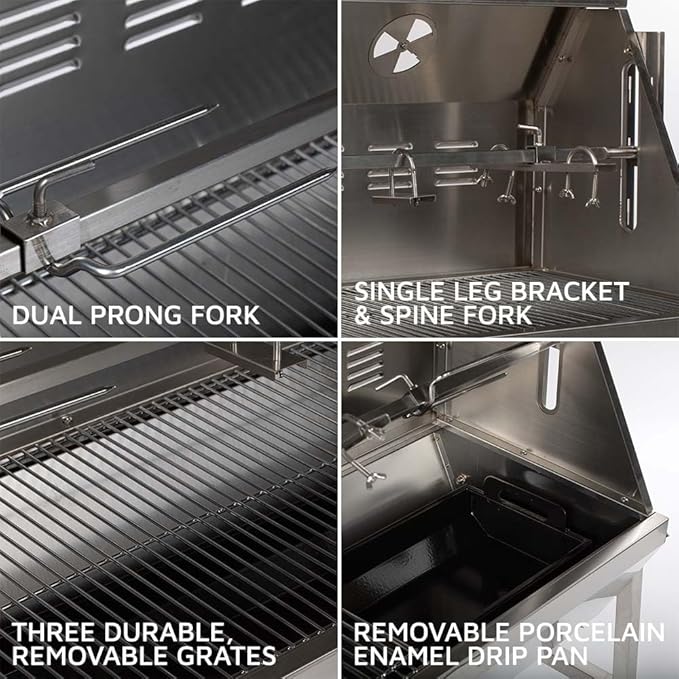 Ash & Ember 25 Watt Stainless Steel BBQ Rotisserie Grill, Rated 125 LB for Medium Game, Hood with Viewing Window, Portable Electric Outdoor Roaster with Dual Prongs, Single Leg Bracket, and Spine Fork