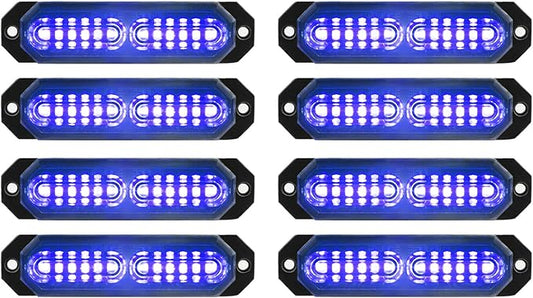 ASPL 8pcs Sync Feature Ultra Slim 12-LED Surface Mount Flashing Strobe Lights for Truck Car Vehicle LED Mini Grille Light Head Emergency Beacon Hazard Warning Lights (Blue)