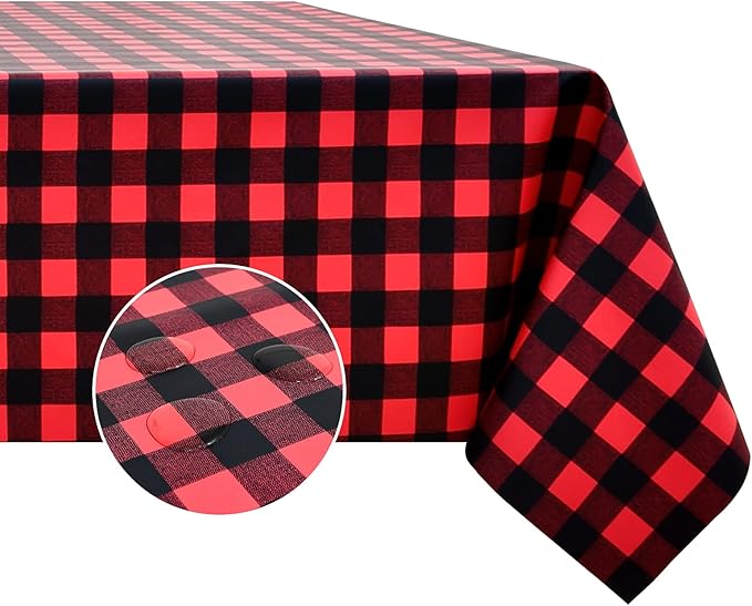 Romanstile Rectangle Vinyl Tablecloth, 100% Waterproof Buffalo Gingham Plastic Table Cloth, Heavy Duty Wipeable Checkered Table Covers for Outdoor, Camping, Picnic, Patio - 52 x 70, Black and Red