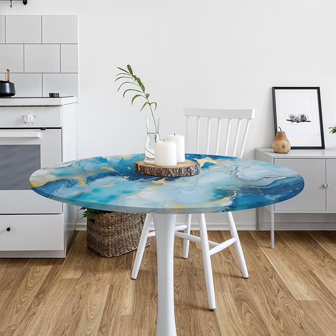 Marble Pattern Ink Blue Round Table Cloth Cover, Elastic Edge Waterproof Wipeable Tablecloths 45"-56" Polyester Tablecloth for Party Restaurant Banquet Holiday Camping Outdoor Picnic