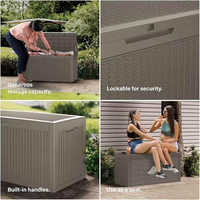150 Gallon Resin Deck Box, Waterproof Outdoor Storage Box for Patio Furniture, Garden Tools, and Pool Accessories, Lockable UV-Resistant Storage Bin Bench Cabinet for Outside, Grey