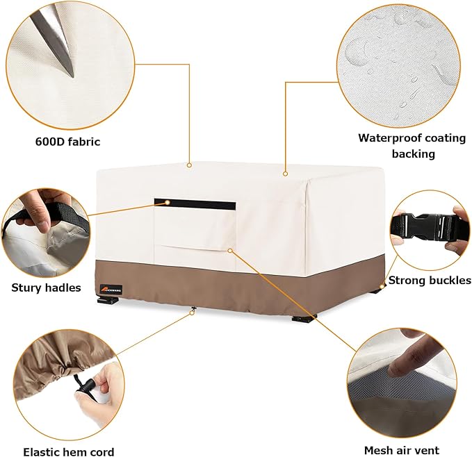 Fire Pit Cover Rectangular, Outdoor Heavy Duty 600D Tear-Resistant 100% Waterproof 44 Inch Fire Table Cover Rectangle, Patio Weatherproof Rectangular Fire Table Protector, Beige 44" L x 28" W x 24" H