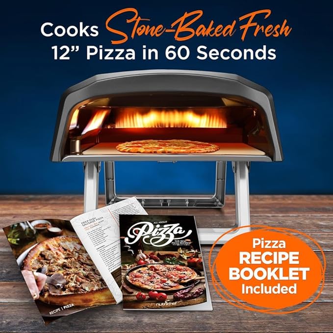 NutriChef Portable Outdoor Gas Pizza Oven - Includes Foldable Feet, Adjustable Heat Control Dial, Burner, Stone & Regulator Hose - Cooks 12" Pizza in 60 Seconds - 25.24'' x 16.14'' x 12.40'' IN