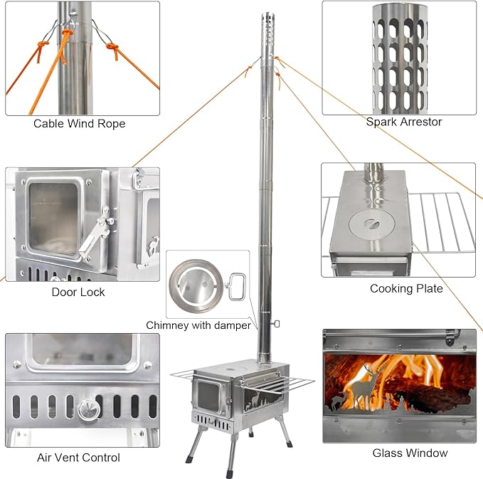 Outdoor Wood Burning Stove, Portable with Chimney Pipe for Cooking, Camping, Tent, Hiking, Fishing, Backpacking