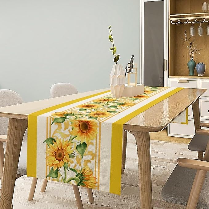 Yellow Sunflower Table Runner, Spring Summer Seasonal Floral Farmhouse Rustic Vintage Flower Print Table Cover for Home Kitchen Dining Table Decor Party, 13x36inch