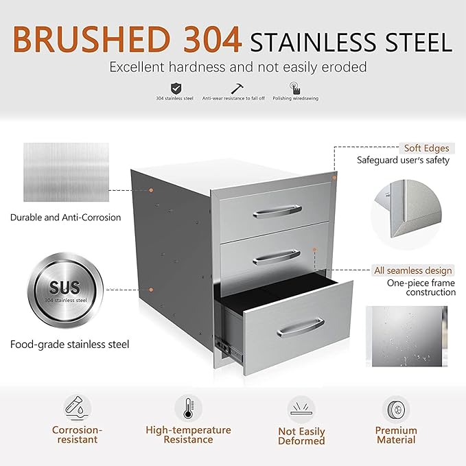 Outdoor Kitchen Drawers, Flush Mount Triple Access BBQ Drawers With Stainless Steel Handle, BBQ Island For BBQ Island Patio Grill Station,Three Drawers