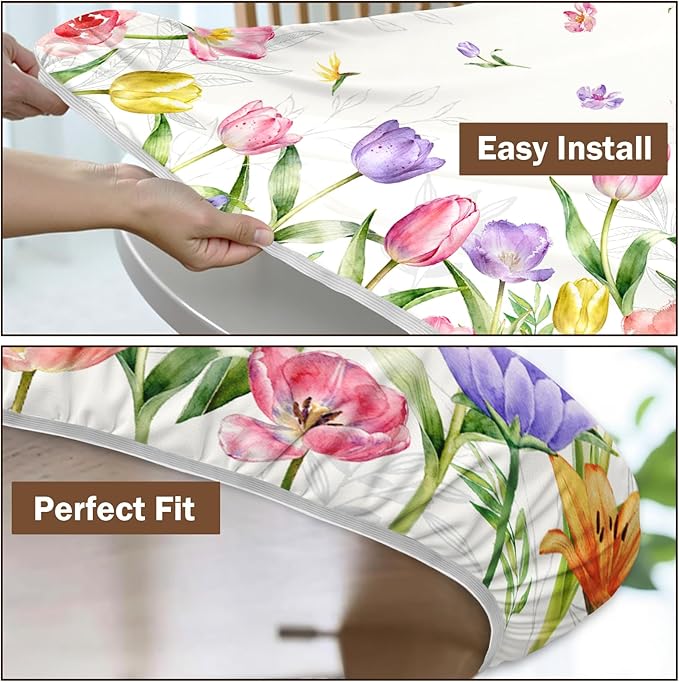 Spring Summer Easter Round Fitted Tablecloth with Elastic Edge Tulip Lavender Floral Circle Table Cloth for 48-52" Tables Wipeable Waterproof Farmhouse Flowers Table Cover for Picnic Dining Outdoor