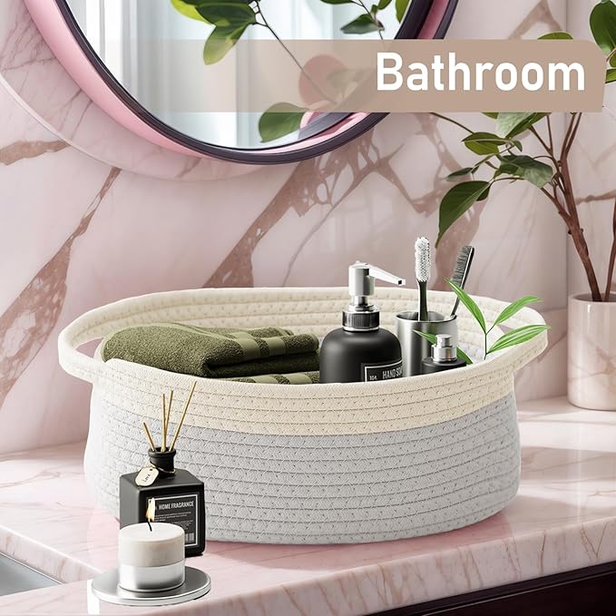 Woven Basket,Small Rope Storage Bin with Handles & Ribbon Bag, Organizer for Shelves Closets,Gift Basket Empty for Birthday,Books,Dog Toys, White&Grey/3 Pack