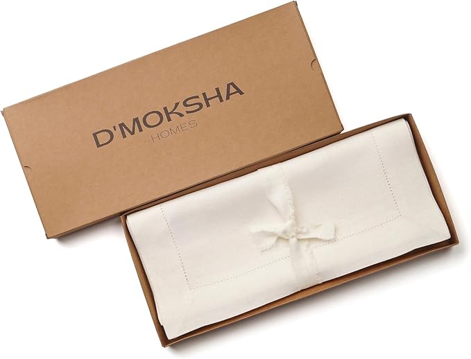 D'Moksha Homes Linen Ivory Table Runner 120 Inches Long - 100% Pure Linen Hemstitch 14 x 120 Inch Table Runner for Dining, Valentines, Spring, Easter - Classic Hemstitch