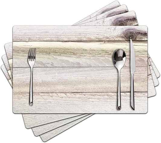 Farmhouse Placemats Set of 4 - Driftwood Faux Leather Heat Resistant Placemat for Dinner Table, Non-Slip Waterproof Oil-Proof Washable Reusable for Indoor Outdoor Kitchen Decor, 15.75In*11.81In