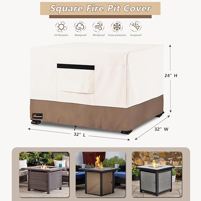 Fire Pit Cover Square, Outdoor Heavy Duty Durable 600D Tear-Resistant 100% Waterproof 30-32 Inch Fire Pit Cover, Patio Weatherproof Square Fire Table Protector, Beige 32" L x 32" W x 24" H
