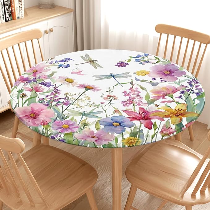 Spring Summer Floral Round Fitted Tablecloth with Elastic Wildflower Dragonfly Circle Table Cloth for 48-52" Tables Farmhouse Easter Flowers Stretch Waterproof Table Cover for Picnic Outdoor Dining