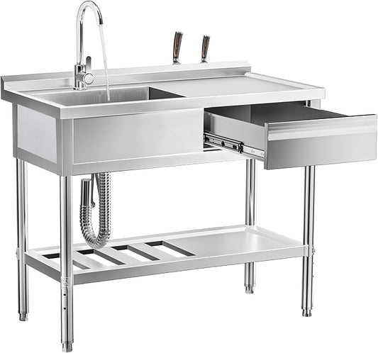 WOEDEN 39" 304 Stainless Steel Utility Sink, Free-Standing Commercial Sink with Workbench, Drawer Storage & Hot/Cold Water Pipes for Laundry, Farmhouse & Outdoor Use