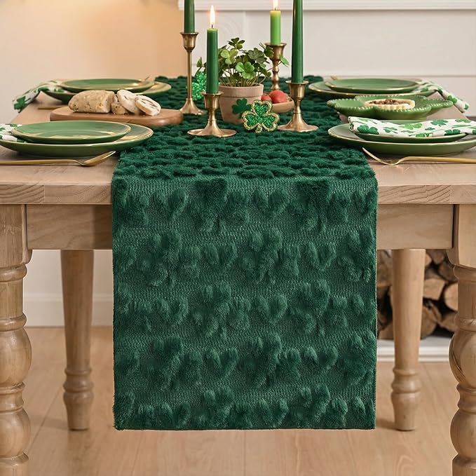 Artoid Mode Green Soft Plush Faux Fur Jacquard Heart Clover St. Patrick's Day Table Runner, Seasonal Kitchen Dining Table Decoration for Home Party Decor 13x90 Inch