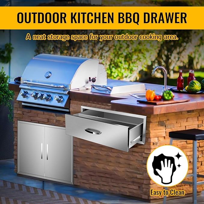 Outdoor Kitchen Stainless Steel Triple Access BBQ Drawers With Handle For BBQ Island Patio Grill Station,Single Drawer