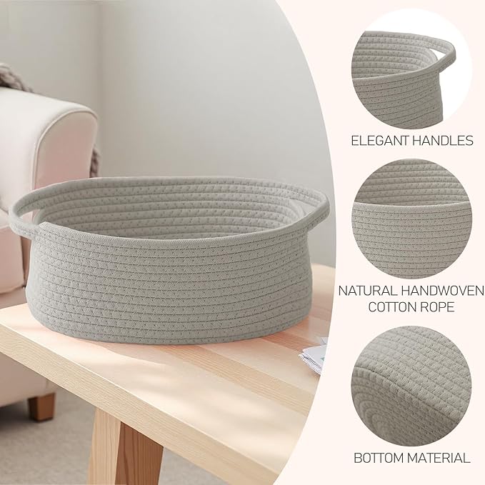 Woven Basket,Small Rope Storage Bin with Handles & Ribbon Bag, Organizer for Shelves Closets,Gift Basket Empty for Birthday,Books,Dog Toys, Grey/3 Pack