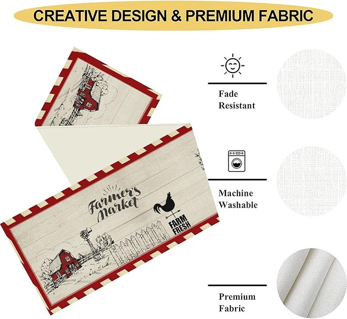 Farmhouse Table Runner, Rustic Country Barn Cottage Rooster Check Animal Plank Coffee Table Center Decor for Home Kitchen Dining Patio Holiday Party Indoor Outdoor Table Decorations 13"x108"