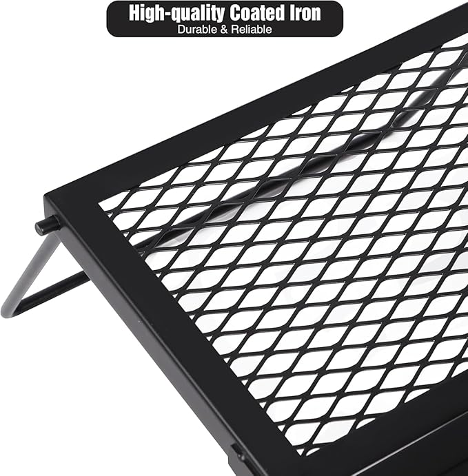 Folding Campfire Grill Grate, Portable Heavy Duty Steel Mesh Over Fire Camp Grill, Camp Fire Cooking Equipment with Legs & Carrying Bag, Grilling Rack for Outdoor BBQ Picnic
