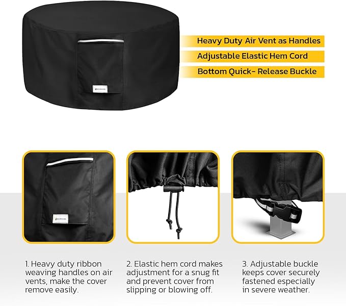 Seal Skin Covers Outdoor Fire Pit Cover – Round 36” Dia X 20”H, Heavy Duty Waterproof Fabric with PVC Coating, Windproof, Tear & Weather Resistant Fire Table Cover for Patio, Black