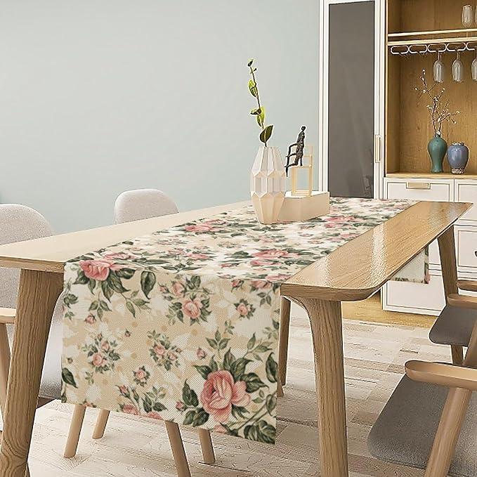 Rose Floral Table Runner,Vintage Watercolor Spring Summer Seasons Flowers Table Decoration for Wedding Holiday Indoor Outdoor Home Party 13x70in