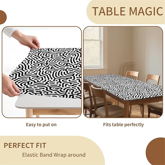 Rectangle Table Cloth Cover Waterproof Elastic Fitted Polyester Fitted Tablecloths for 6 Foot Tables for Indoor,Picnic, Camping, Outdoor （60" x 30"，Abstract Geometry）