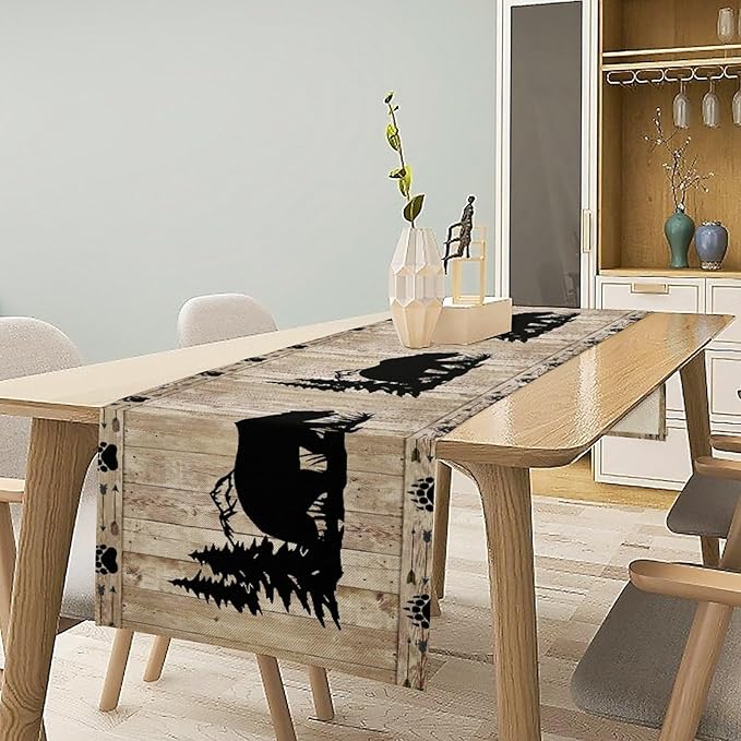Bear Table Runner, Wild Animals Rustic Cabin Forest Bear Print Wooden Board Table Runner for Dining Kitchen Home 13x120in