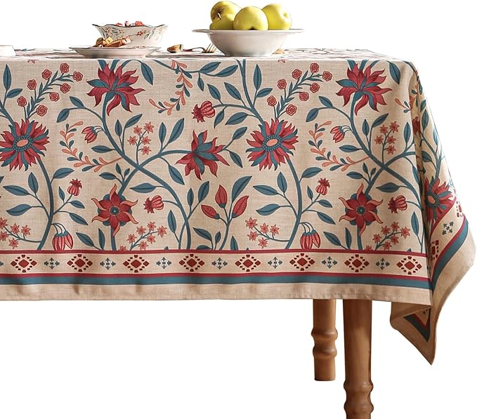 Designer Linen Long Rectangle Tablecloth,Vintage William Morris Wrinkle Resistant Floral Table Cloth,Decor Table Cover for Kitchen,Dining,Thanksgiving,Christmas,63"*94"-Dorodango B