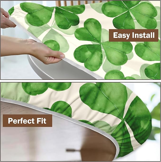 St Patricks Day Round Fitted Tablecloth with Elastic Spring Green Watercolor Shamrock Circle Table Cloth for 48-52" Tables Waterproof Washable Clover Leaf Floral Table Cover for Outdoor Picnic Dining