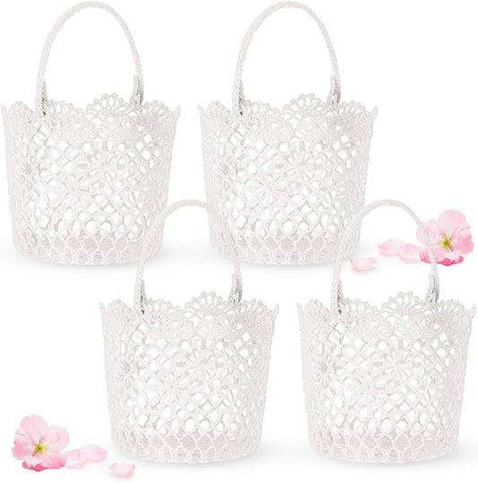 WILLBOND 4pcs White Flower Girl Basket with Handle for Wedding Ceremony, 5.9 x 4.72 x 4.33 Inch